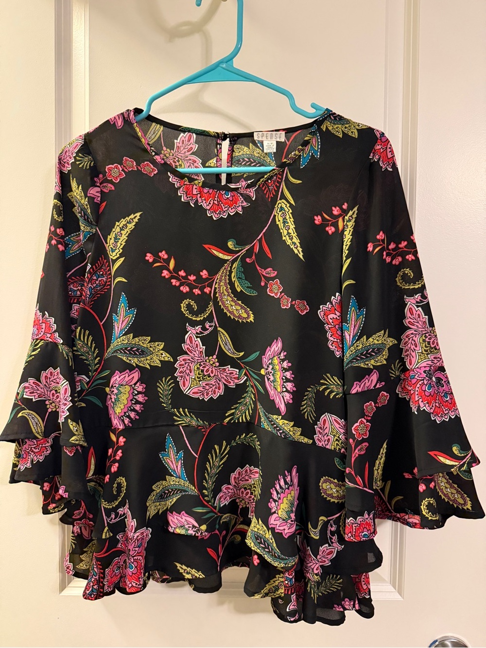 Black Floral Ruffle Sleeve Blouse - Pink & Green Print